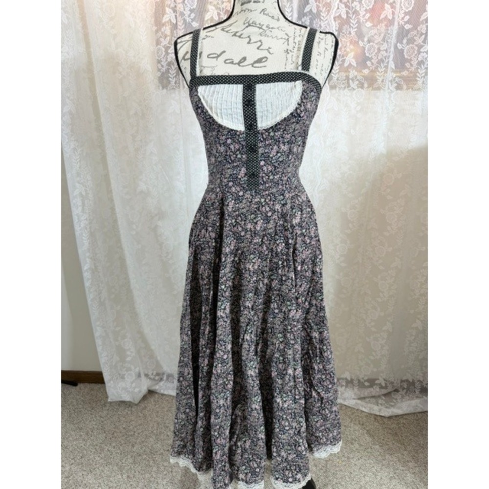 Gunne Sax by Jessica Vintage Floral Polka Dot Lace Trim Midi Dress Size 11